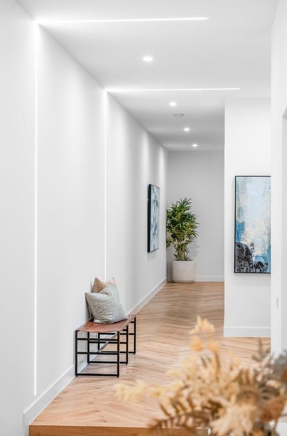 Hallway with recessed LED strip lighting