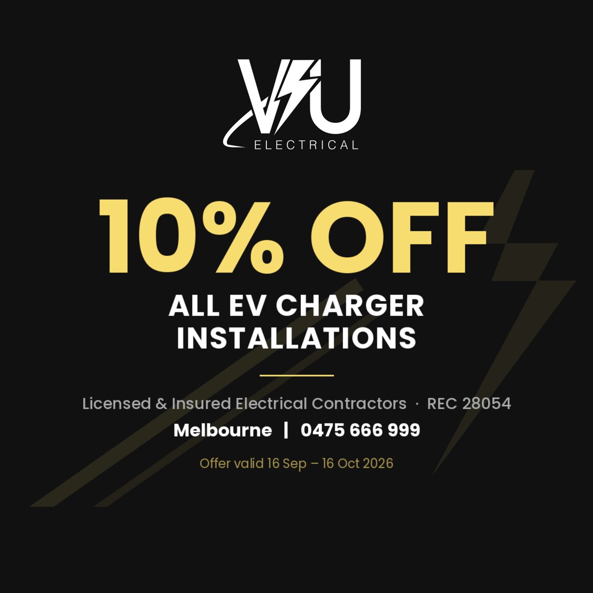 10% off all EV charger installations — VU Electrical, Melbourne, offer valid 16 Sep to 16 Oct 2026